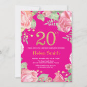Floral 20th Birthday Gold Glitter en Hot Pink Kaart (Voorkant)