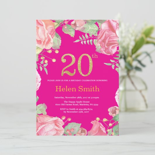 Floral 20th Birthday Gold Glitter en Hot Pink Kaart (Staand voorkant)
