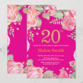 Floral 20th Birthday Gold Glitter en Hot Pink Kaart (Voorkant / Achterkant)