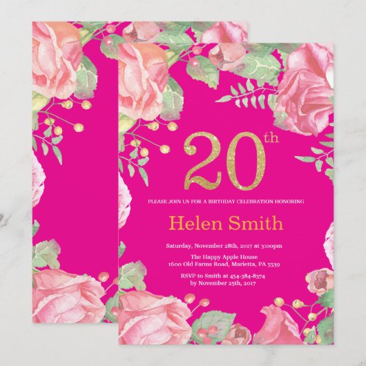 Floral 20th Birthday Gold Glitter en Hot Pink Kaart (Voorkant / Achterkant)