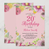 Floral 20th Birthday Invitation for Women Pink Kaart (Voorkant / Achterkant)