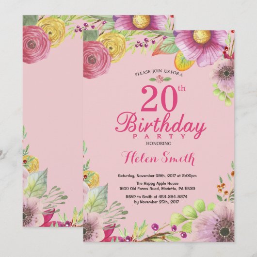 Floral 20th Birthday Invitation for Women Pink Kaart (Voorkant / Achterkant)