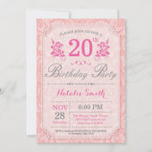 Floral 20th Birthday Invitation Pink for Women Kaart (Voorkant)