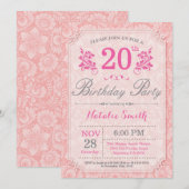 Floral 20th Birthday Invitation Pink for Women Kaart (Voorkant / Achterkant)