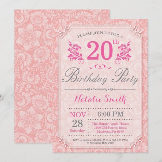Floral 20th Birthday Invitation Pink for Women Kaart (Voorkant / Achterkant)