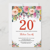 Floral 20th Birthday Invitation Red Kaart (Voorkant)