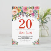 Floral 20th Birthday Invitation Red Kaart (Staand voorkant)