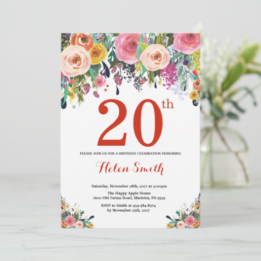 Floral 20th Birthday Invitation Red Kaart (Staand voorkant)