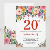 Floral 20th Birthday Invitation Red Kaart (Voorkant / Achterkant)
