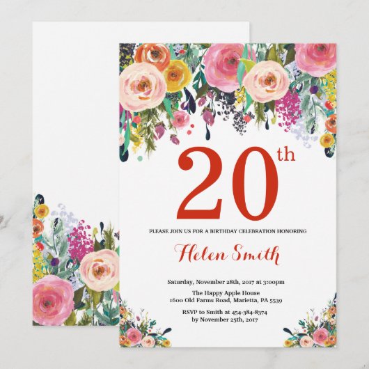 Floral 20th Birthday Invitation Red Kaart (Voorkant / Achterkant)