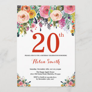 Floral 20th Birthday Invitation Red Kaart