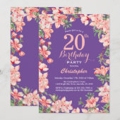 Floral 20th Birthday Pink Flowers Paars Violet Kaart (Voorkant / Achterkant)