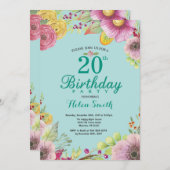 Floral 20th Birthday Uitnodiging voor vrouwen Blau (Voorkant / Achterkant)