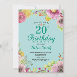 Floral 20th Birthday Uitnodiging voor vrouwen Blau