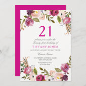 Floral 21e verjaardag van roze flank Uitnodiging (Voorkant / Achterkant)