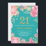 Floral 21st Birthday Gold Glitter en Blauwgroen Kaart<br><div class="desc">Floral 21ste verjaardag uitnodiging voor vrouwen. Waterverf botanische bloem. Gold Glitter. Blauwgroen Aqua Turquoise Achtergrond. Roze pinda's Floral Flowers. Volwassen verjaardag. Voor verdere aanpassing,  te klikken gelieve de knoop "van de Aanpassing het"en ons ontwerphulpmiddel te gebruiken om deze sjabloon te wijzigen.</div>