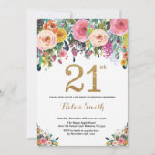 Floral 21st Birthday Invitation Gold Glitter Kaart (Voorkant)