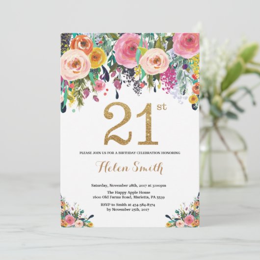 Floral 21st Birthday Invitation Gold Glitter Kaart (Staand voorkant)