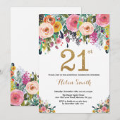 Floral 21st Birthday Invitation Gold Glitter Kaart (Voorkant / Achterkant)
