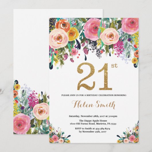 Floral 21st Birthday Invitation Gold Glitter Kaart (Voorkant / Achterkant)