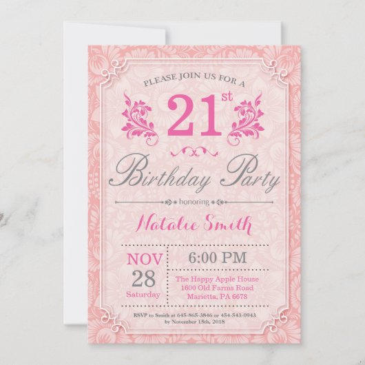 Floral 21st Birthday Invitation Pink for Women Kaart (Voorkant)