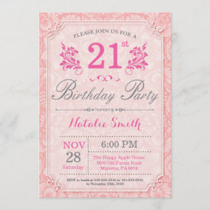 Floral 21st Birthday Invitation Pink for Women Kaart