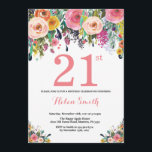 Floral 21st Birthday Invitation Pink Kaart<br><div class="desc">Floral 21ste verjaardag uitnodiging voor vrouwen. Waterverf bloem. Roze, geel, Oranje, Paars ventilator. Volwassen verjaardag. 30e 40e 50e 60e 70e 90e 100e 13e 15e 16e 18e 20e 21e elke leeftijd. Voor verdere aanpassing, te klikken gelieve de knoop "van de Aanpassing het"en ons ontwerphulpmiddel te gebruiken om deze sjabloon te wijzigen....</div>