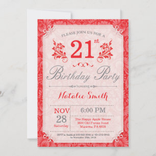 Floral 21st Birthday Invitation Red for Women Kaart