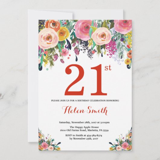 Floral 21st Birthday Invitation Red Kaart (Voorkant)