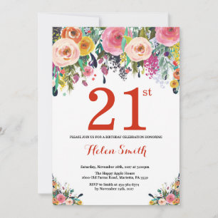 Floral 21st Birthday Invitation Red Kaart