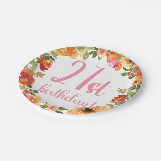 Floral 21st Verjaardagspapier Bord (Gekanteld)