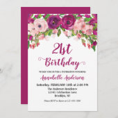 Floral 21ste verjaardag Paarse roze moderne Waterv Kaart (Voorkant / Achterkant)