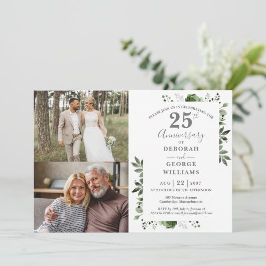 Floral 25th Wedding Jubileum Toen & Nu 2 Foto Kaart (Staand voorkant)