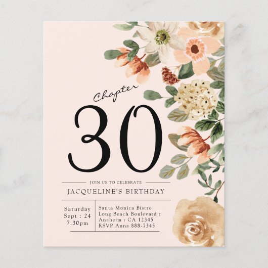 Floral 30th Birthday Budget Invitation Flyer (Voorkant)