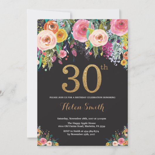 Floral 30th Birthday Invitation Gold Glitter Kaart (Voorkant)