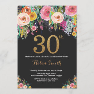 Floral 30th Birthday Invitation Gold Glitter Kaart