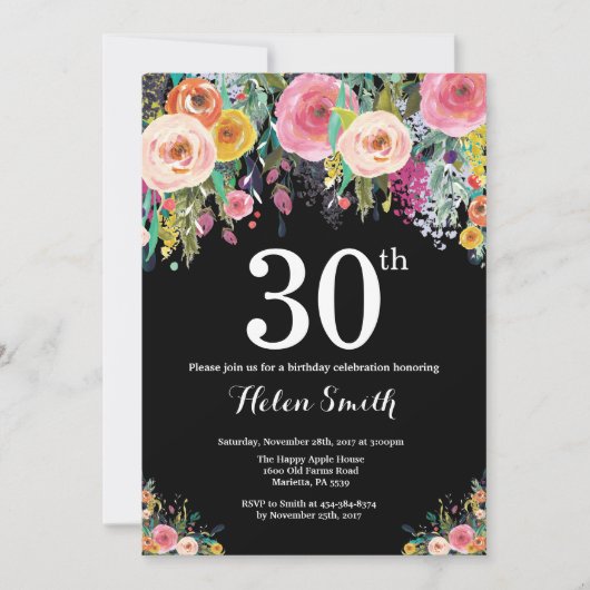 Floral 30th Birthday Invitation Kaart (Voorkant)