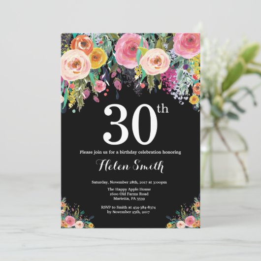 Floral 30th Birthday Invitation Kaart (Staand voorkant)