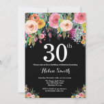 Floral 30th Birthday Invitation Kaart<br><div class="desc">Floral 30th Birthday Invitation for Women. Waterverf bloem. Achtergrond zwart karton. Roze,  geel,  Oranje,  Paars ventilator. Volwassen verjaardag. Voor verdere aanpassing,  te klikken gelieve de knoop "van de Aanpassing het"en ons ontwerphulpmiddel te gebruiken om deze sjabloon te wijzigen.</div>