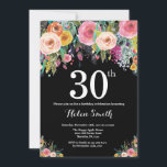 Floral 30th Birthday Invitation Kaart<br><div class="desc">Floral 30th Birthday Invitation for Women. Waterverf bloem. Achtergrond zwart karton. Roze,  geel,  Oranje,  Paars ventilator. Volwassen verjaardag. Voor verdere aanpassing,  te klikken gelieve de knoop "van de Aanpassing het"en ons ontwerphulpmiddel te gebruiken om deze sjabloon te wijzigen.</div>