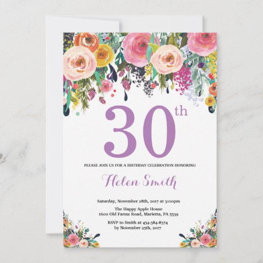 Floral 30th Birthday Invitation Paars Kaart (Voorkant)