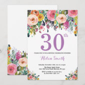 Floral 30th Birthday Invitation Paars Kaart (Voorkant / Achterkant)