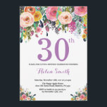 Floral 30th Birthday Invitation Paars Kaart<br><div class="desc">Floral 30th Birthday Invitation for Women. Waterverf bloem. Roze, geel, Oranje, Paars ventilator. Volwassen verjaardag. 30e 40e 50e 60e 70e 90e 100e 13e 15e 16e 18e 20e 21e elke leeftijd. Voor verdere aanpassing, te klikken gelieve de knoop "van de Aanpassing het"en ons ontwerphulpmiddel te gebruiken om deze sjabloon te wijzigen....</div>