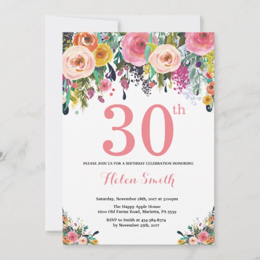 Floral 30th Birthday Invitation Pink Kaart (Voorkant)