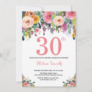 Floral 30th Birthday Invitation Pink Kaart