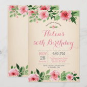 Floral 30th Birthday Invitation Pink Waterverf Kaart (Voorkant / Achterkant)