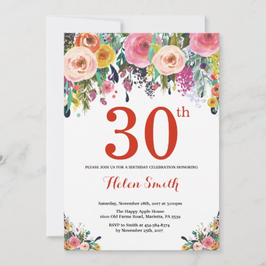 Floral 30th Birthday Invitation Red Kaart (Voorkant)