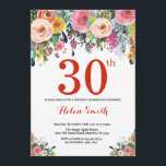 Floral 30th Birthday Invitation Red Kaart<br><div class="desc">Floral 30th Birthday Invitation for Women. Waterverf bloem. Rood, roze, geel, Oranje, Paars ventilator. Volwassen verjaardag. 30e 40e 50e 60e 70e 90e 100e 13e 15e 16e 18e 20e 21e elke leeftijd. Voor verdere aanpassing, te klikken gelieve de knoop "van de Aanpassing het"en ons ontwerphulpmiddel te gebruiken om deze sjabloon te...</div>