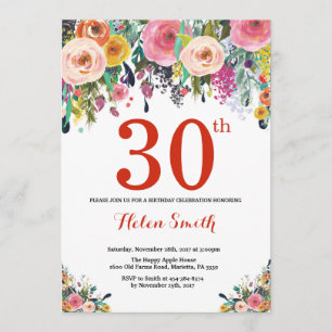 Floral 30th Birthday Invitation Red Kaart