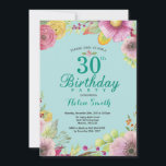 Floral 30th Birthday Uitnodiging voor vrouwen Blau<br><div class="desc">Floral 30th Birthday Invitation for Women. Waterverf Floral,  Blauwgroen Aqua Turquoise Achtergrond. Voor verdere aanpassing,  te klikken gelieve de knoop "van de Aanpassing het"en ons ontwerphulpmiddel te gebruiken om deze sjabloon te wijzigen.</div>